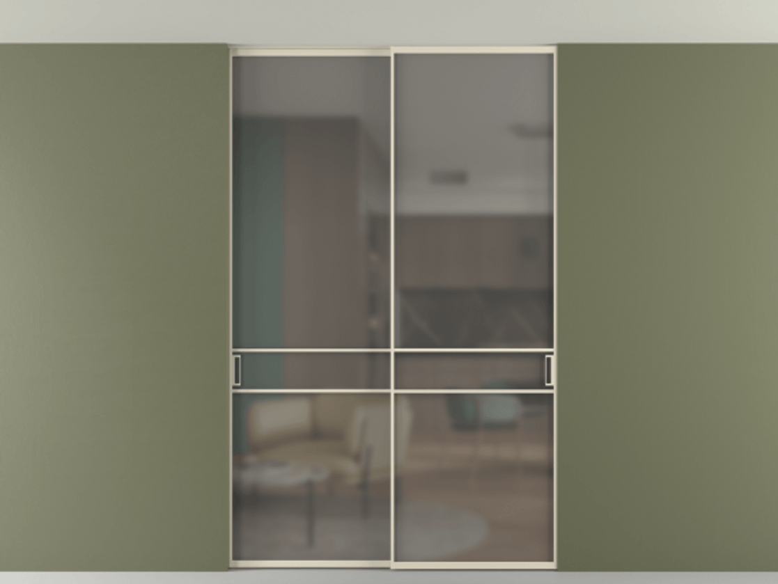 Перегородка Formato внутри проёма скрытое крепление в потолок 2 створки АЛПР 040.02 Алюминий бежево-серый Сатинированное серое стекло, триплекс Цена 13710 Br | Volhovec