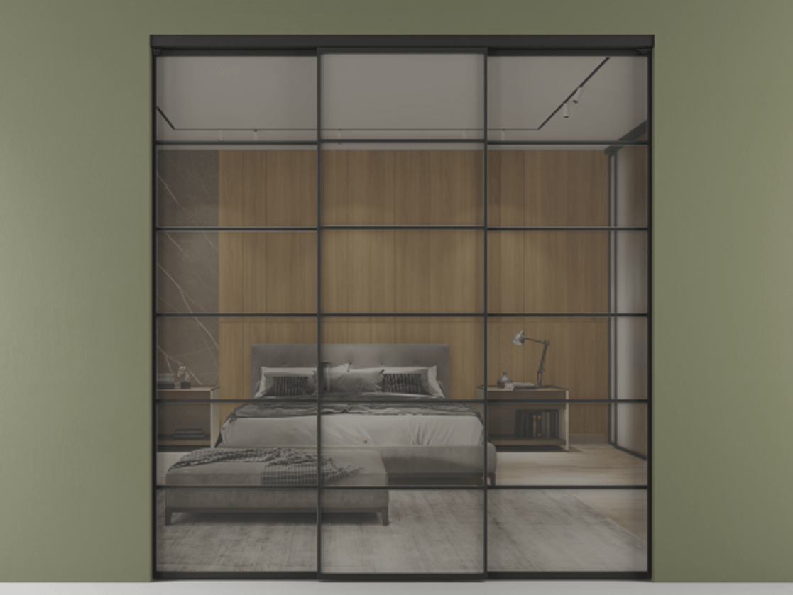 Перегородка Formato внутри проёма 3 створки АЛПР 040.04 Алюминий Черный Рефлективное серое стекло "Stopsol", калёное Цена 17530 Br | Volhovec