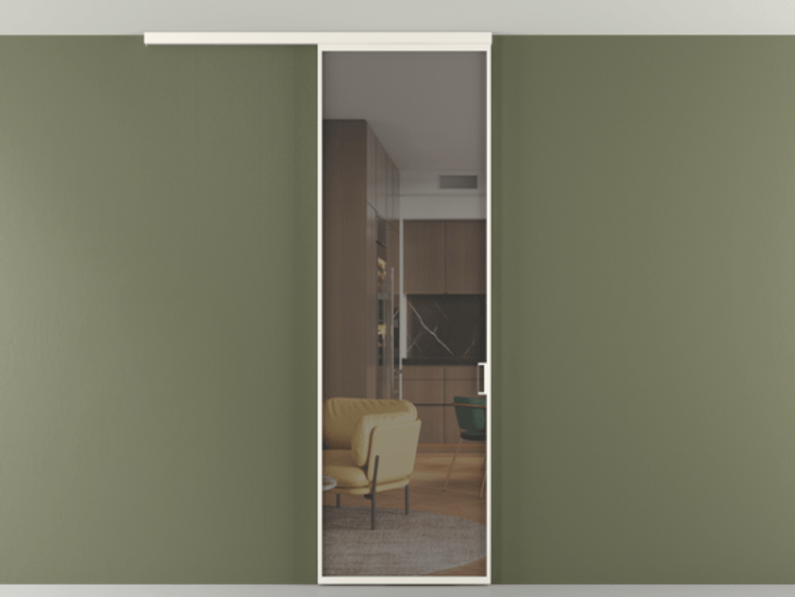 Перегородка Formato вдоль стены на потолок 1 створка АЛПР 040.01 Алюминий пудровый белый Прозрачное серое стекло, триплекс Цена 5150 Br | Volhovec