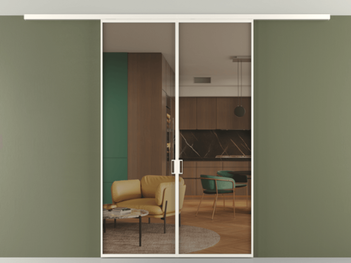 Перегородка Формато вдоль стены на потолок 2 створки АЛПР 040.01 Алюминий пудровый белый Прозрачное бронзовое стекло, триплекс Цена 11550 Br | Volhovec