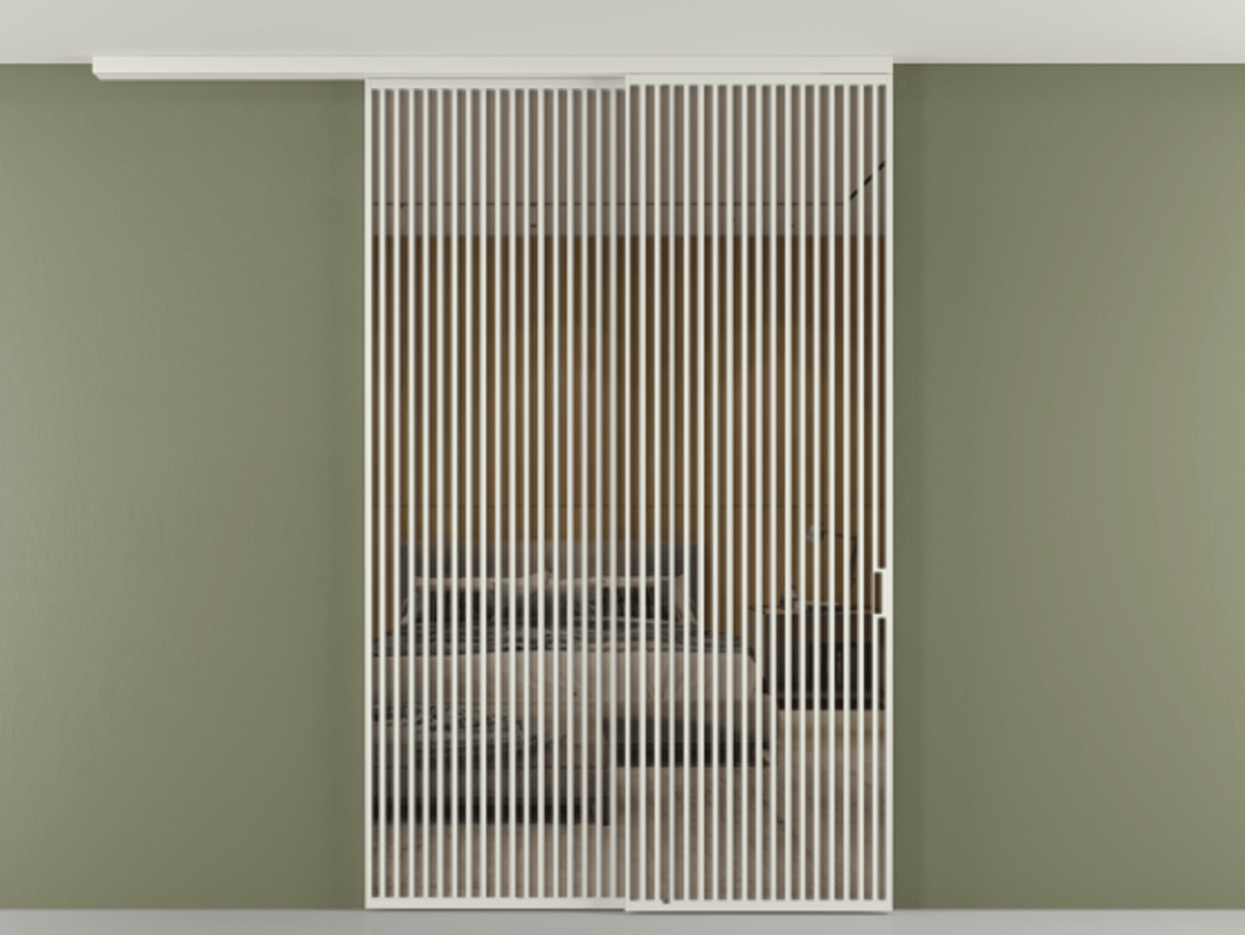 Перегородка Formato вдоль стены на потолок 2 створки с синхронным механизмом АЛПР 040.06 Алюминий серый Рефлективное бронзовое стекло "Стопсол", калёное Цена 29010 Br | Volhovec