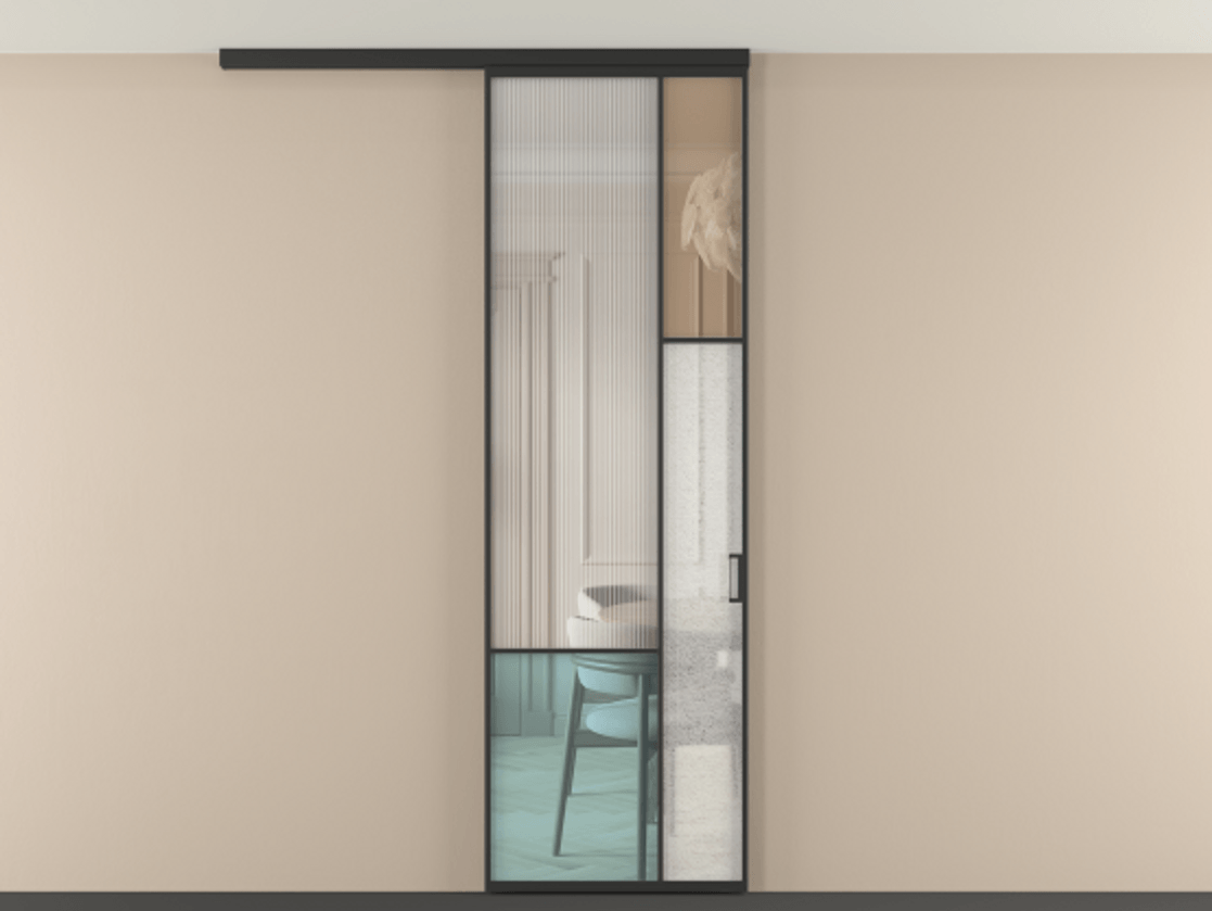 Перегородка Mosaic вдоль стены на потолок 1 створка АЛПР 041.12 Алюминий Черный Комбинация стекол Группы 1 и Группы 3 Цена 7200 Br | Volhovec