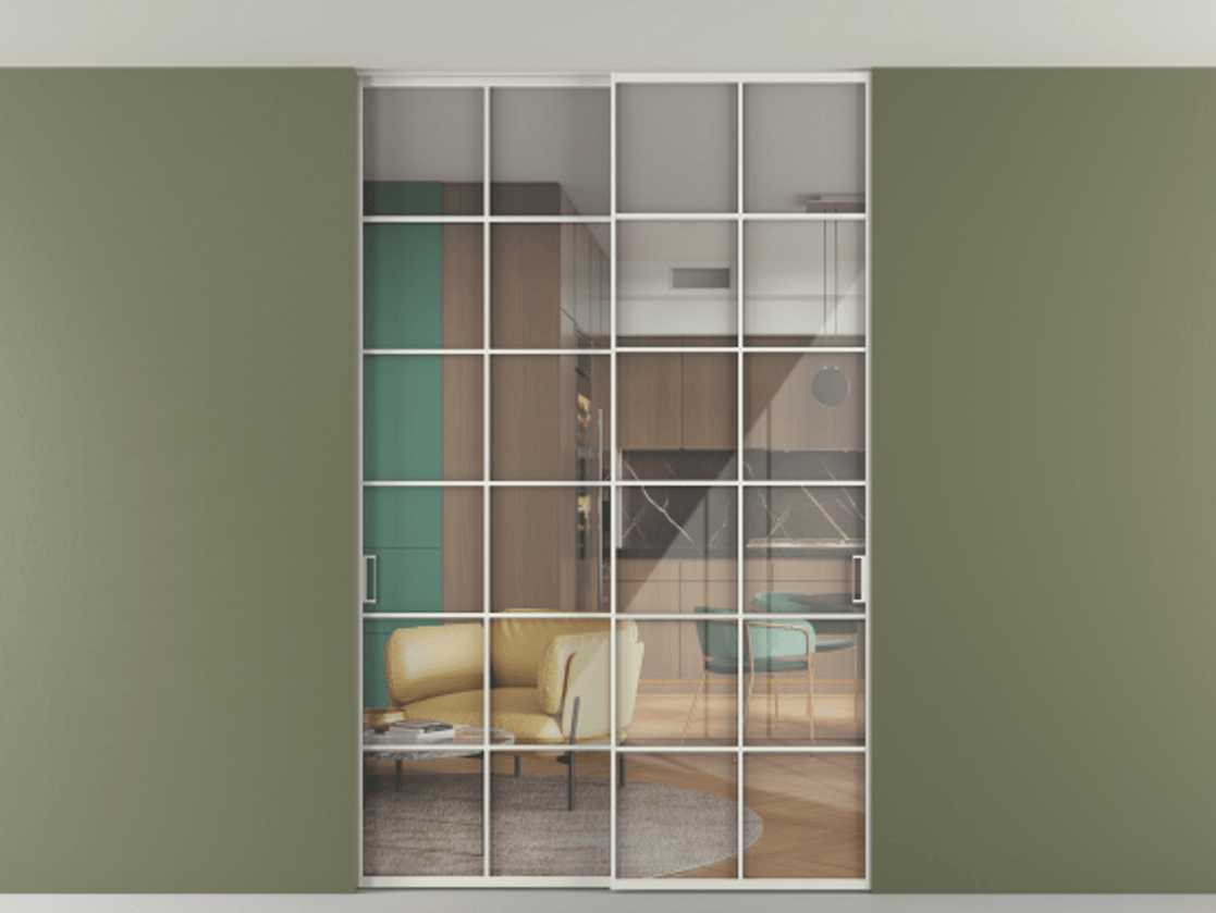 Перегородка Formato внутри проёма скрытое крепление в потолок 2 створки АЛПР 040.05 Алюминий серый Рефлективное прозрачное стекло "Stopsol", калёное Цена 17250 Br | Volhovec