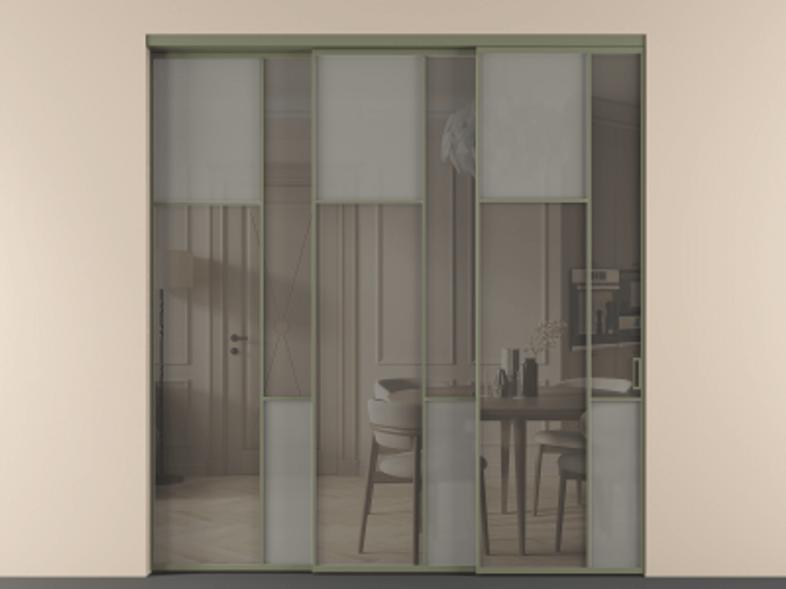 Перегородка Mosaic внутри проёма 3 створки с синхронным механизмом АЛПР 041.10 Алюминий оливковый тёмный Сатинированное серое стекло, триплекс, 6 мм + Прозрачное серое стекло, триплекс Цена 23390 Br | Volhovec