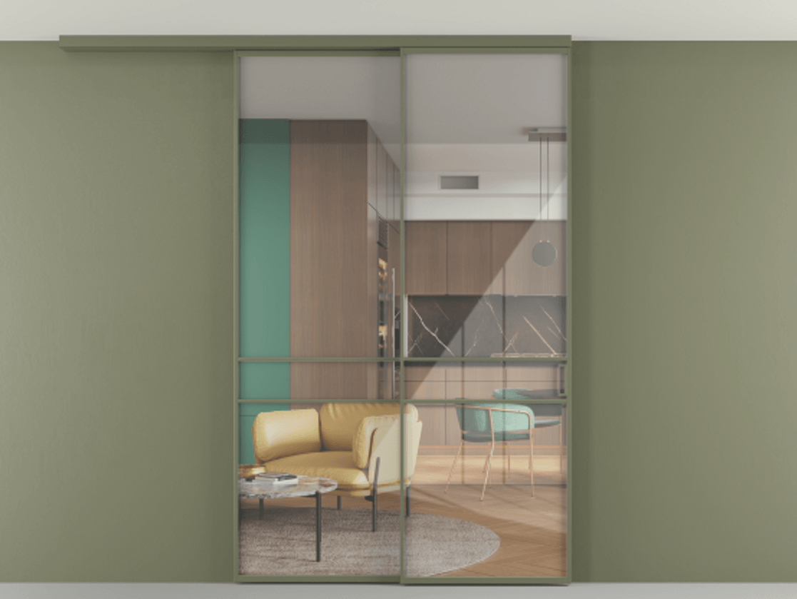 Перегородка Formato вдоль стены на потолок 2 створки с синхронным механизмом АЛПР 040.02 Алюминий оливковый тёмный Рефлективное прозрачное стекло "Stopsol", калёное Цена 17480 Br | Volhovec