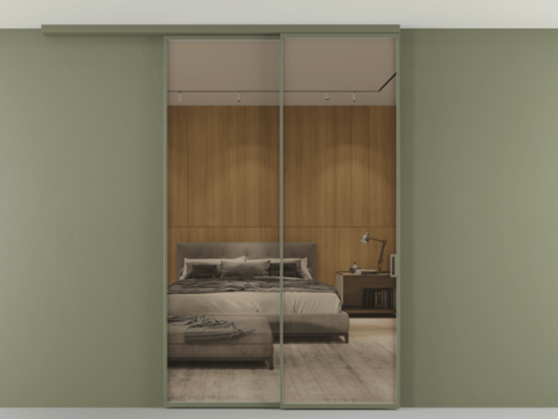 Перегородка Формато вдоль стены на потолок 2 створки с синхронным механизмом АЛПР 040.01 Алюминий оливковый тёмный Рефлективное бронзовое стекло "Стопсол", калёное Цена 16850 Br | Volhovec