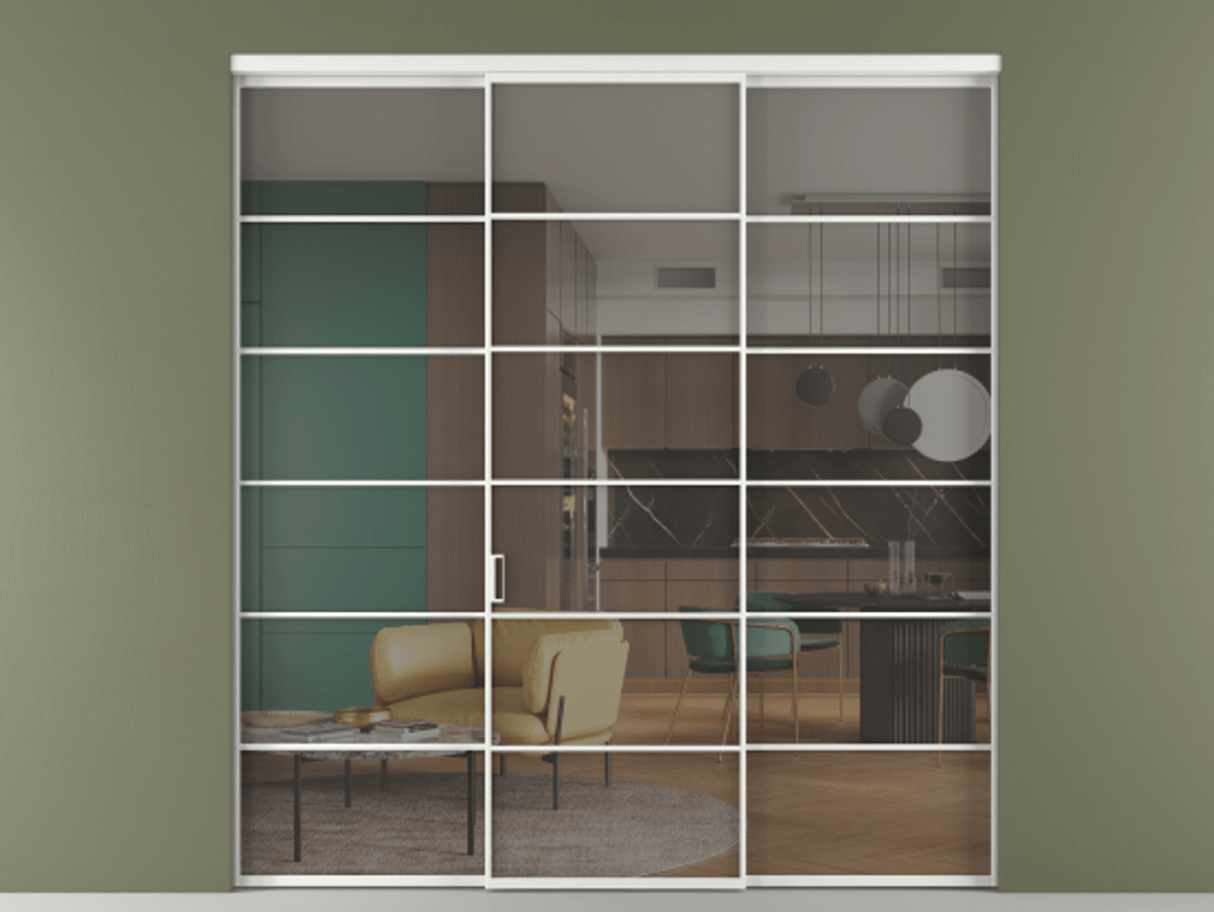 Перегородка Formato внутри проёма 3 створки АЛПР 040.04 Алюминий белоснежный Прозрачное серое стекло, триплекс Цена 14290 Br | Volhovec