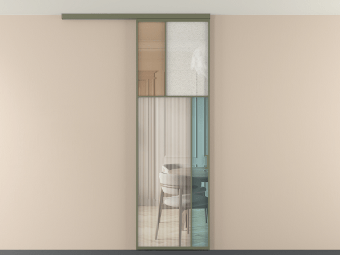 Перегородка Mosaic вдоль стены на потолок 1 створка АЛПР 041.23 Алюминий оливковый тёмный Комбинация стекол Группы 1 и Группы 3 Цена 7500 Br | Volhovec