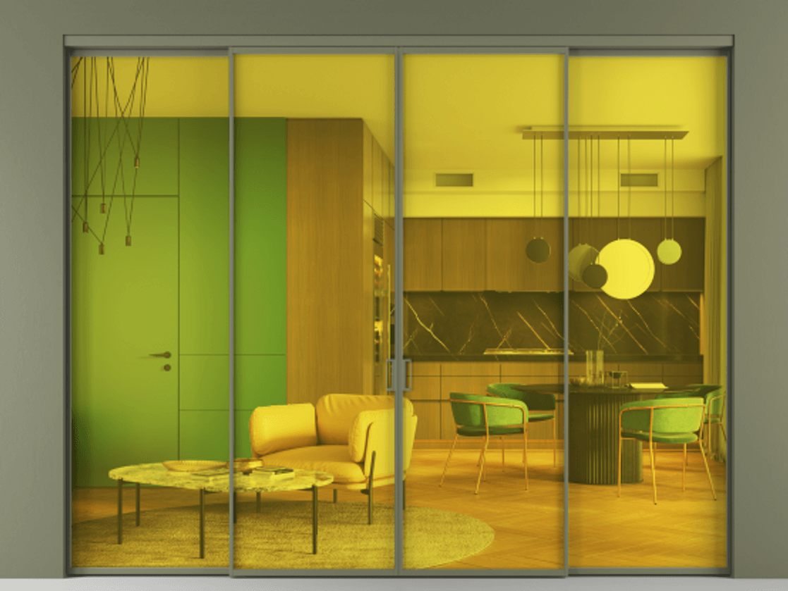 Перегородка Формато внутри проёма 4 створки АЛПР 040.01 Алюминий оливковый тёмный Прозрачное жёлтое стекло, триплекс Цена 17100.8937 Br  | Volhovec