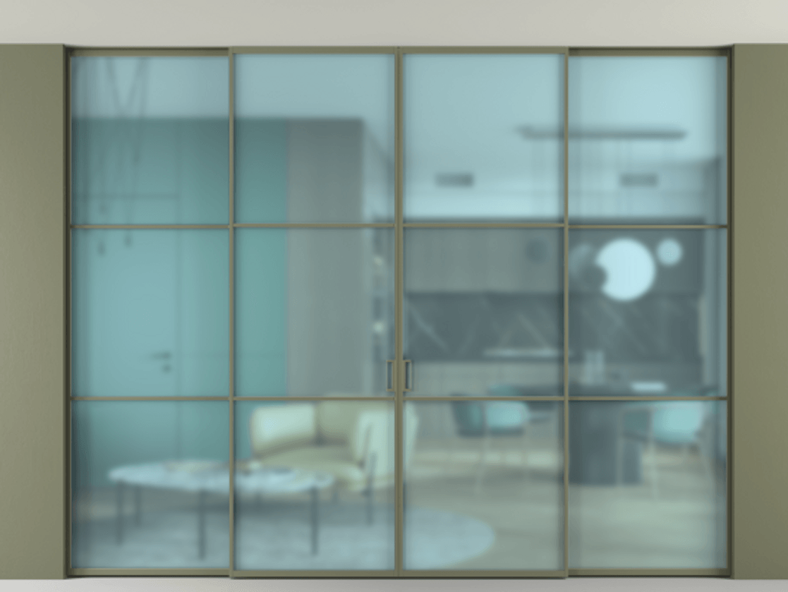 Перегородка Formato внутри проёма скрытое крепление в потолок 4 створки АЛПР 040.03 Алюминий оливковый тёмный Сатинированное голубое стекло, триплекс Цена 24400 Br | Volhovec