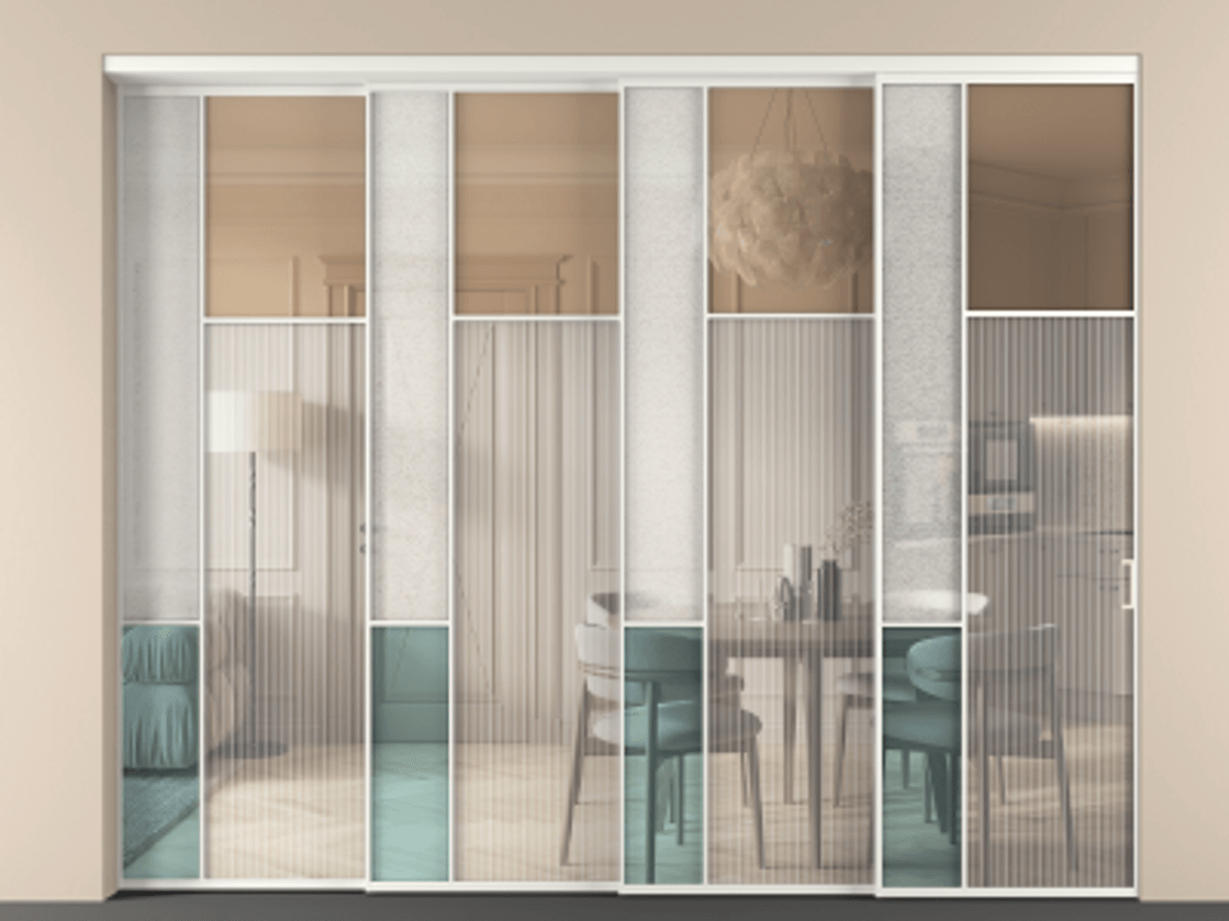 Перегородка Mosaic внутри проёма телескопик синхро 3 АЛПР 041.11 Алюминий бежево-серый Комбинация стекол Группы 1 и Группы 3 Цена 32700 Br | Volhovec