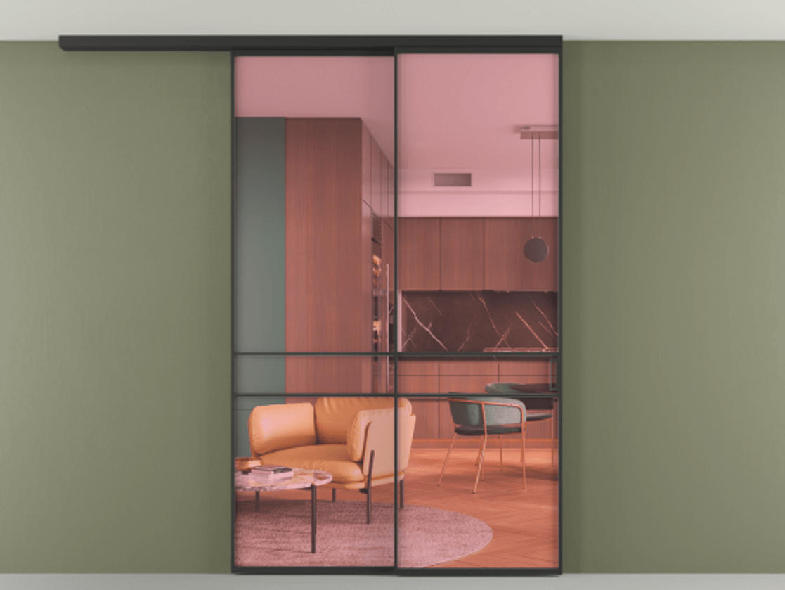 Перегородка Formato вдоль стены на потолок 2 створки с синхронным механизмом АЛПР 040.02 Алюминий Черный Прозрачное розовое стекло, триплекс Цена 14100 Br | Volhovec