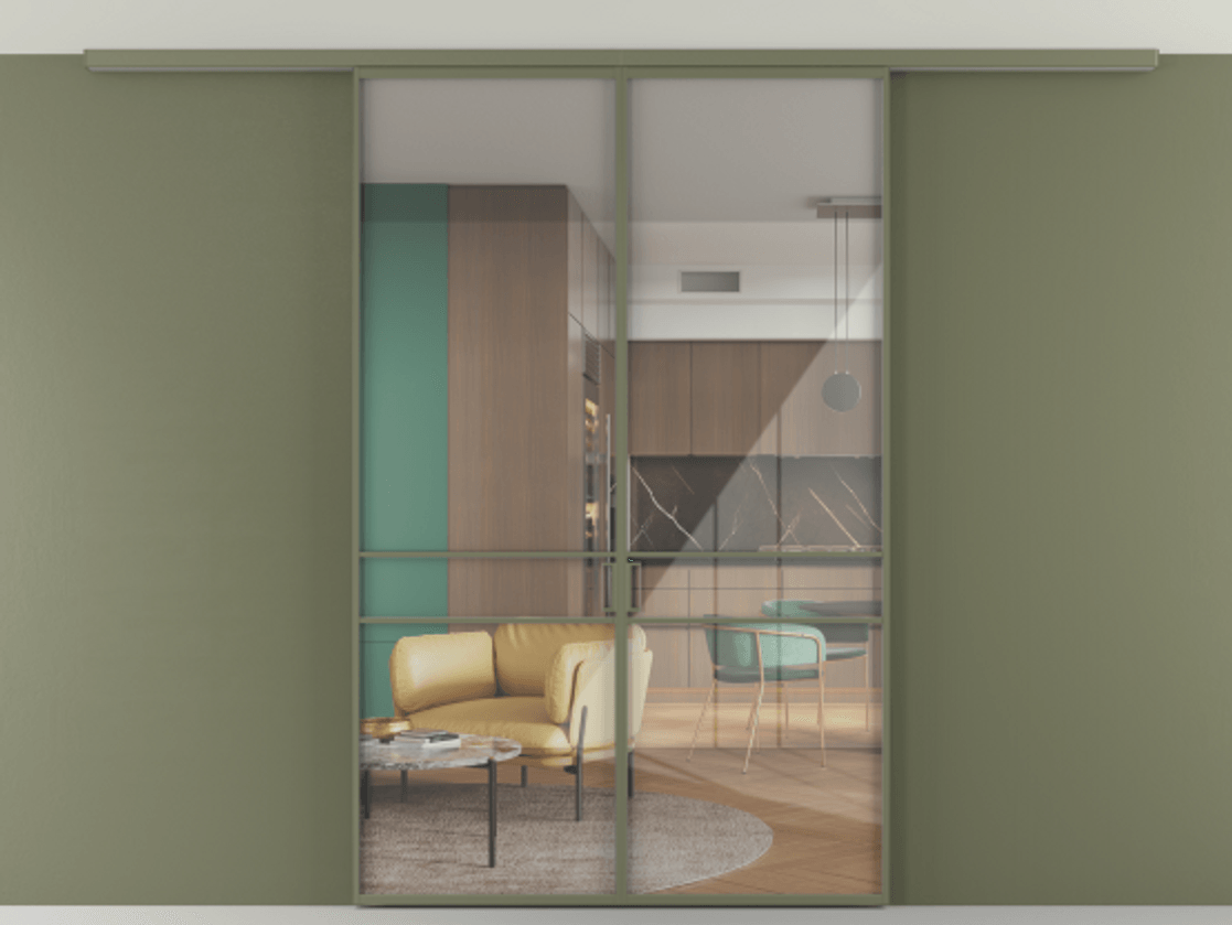 Перегородка Формато вдоль стены на потолок 2 створки АЛПР 040.02 Алюминий оливковый тёмный Рефлективное прозрачное стекло "Стопсол", калёное Цена 13040 Br | Volhovec