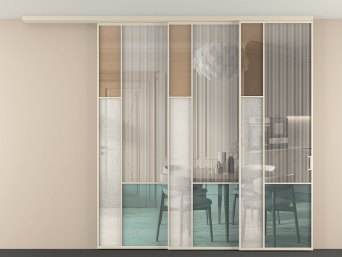 Перегородка Mosaic вдоль стены телескопик синхро 3 АЛПР 041.13 Алюминий бежево-серый Комбинация стекол Группы 1 и Группы 3 Цена 27600 Br | Volhovec