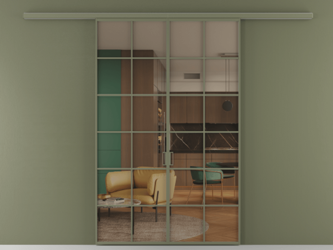 Перегородка Формато вдоль стены 2 створки АЛПР 040.05 Алюминий оливковый тёмный Прозрачное бронзовое стекло, триплекс Цена 11080 Br | Volhovec