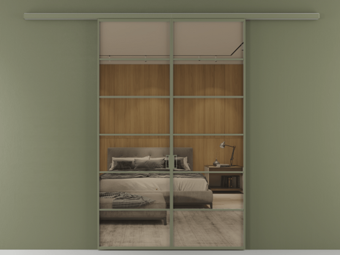 Перегородка Формато вдоль стены 2 створки АЛПР 040.04 Алюминий оливковый тёмный Рефлективное бронзовое стекло "Стопсол", калёное Цена 14150 Br | Volhovec