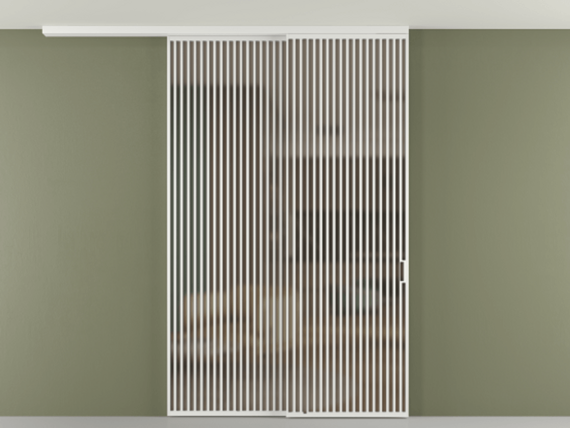 Перегородка Формато вдоль стены на потолок 2 створки с синхронным механизмом АЛПР 040.06 Алюминий белоснежный Сатинированное бронзовое стекло, триплекс Цена 23070 Br | Volhovec