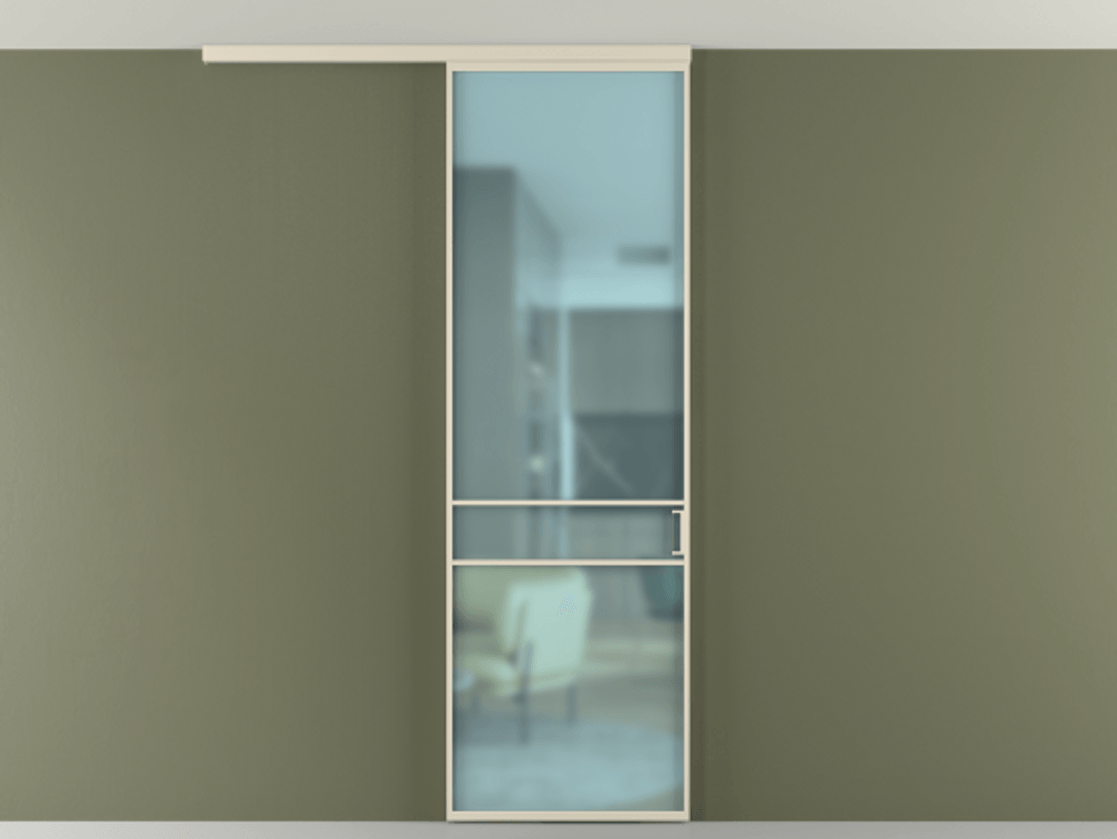 Межкомнатная дверь New Перегородка Formato вдоль стены на потолок одностворчатая АЛПР 040.02 Алюминий бежево-серый Сатинированное голубое стекло, триплекс, 6мм Цена 5700  | Volhovec