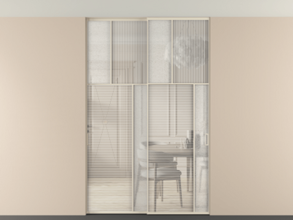 Перегородка Мозаик внутри проёма скрытое крепление в потолок 2 створки АЛПР 041.23 Алюминий бежево-серый Рифлёное стекло "Дюна", триплекс, 6 мм + Фактурное стекло "Лёд", триплекс Цена 18210 Br | Volhovec