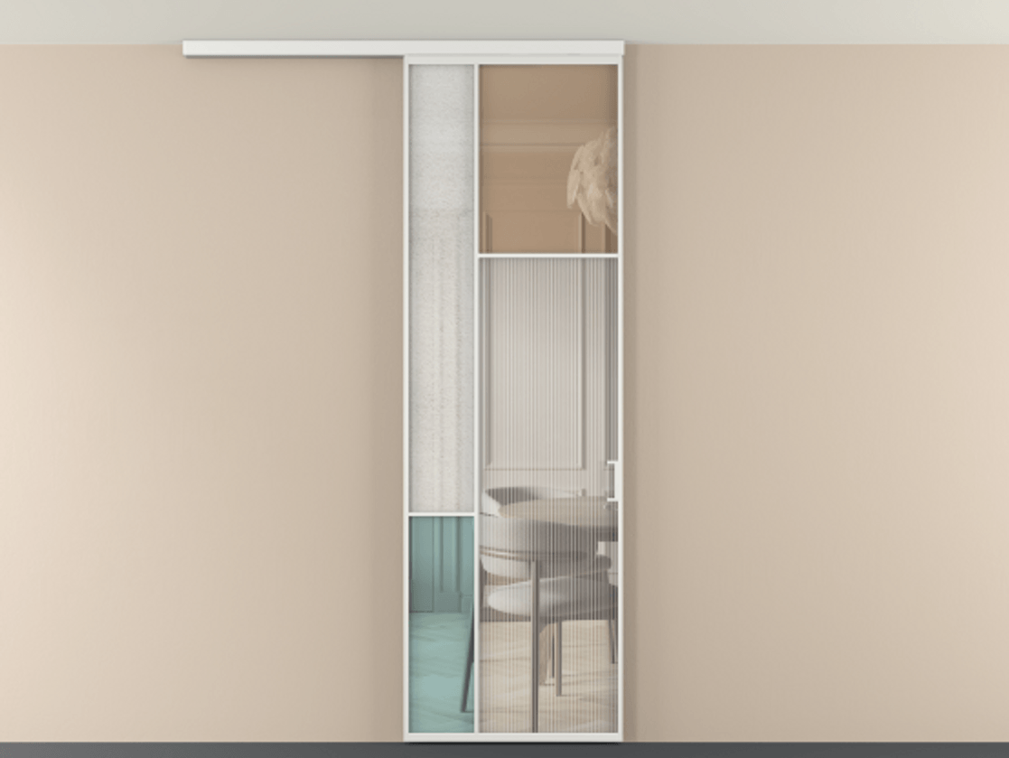 Перегородка Mosaic вдоль стены на потолок 1 створка АЛПР 041.11 Алюминий белоснежный Комбинация стекол Группы 1 и Группы 3 Цена 7500 Br | Volhovec