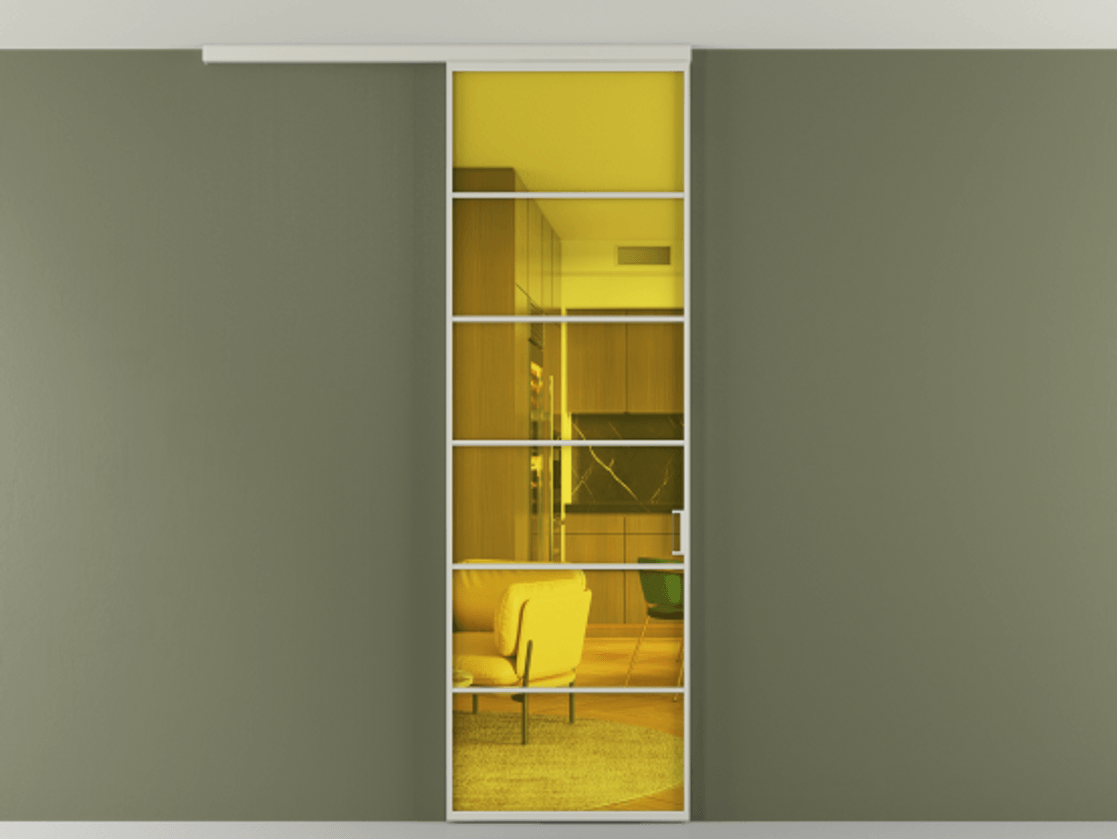 Перегородка Formato вдоль стены на потолок 1 створка АЛПР 040.04 Алюминий тёплый серый Прозрачное жёлтое стекло, триплекс Цена 6700 Br | Volhovec