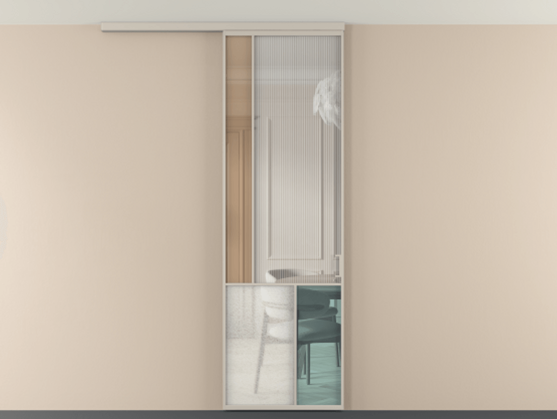 Перегородка Мозаик вдоль стены на потолок 1 створка АЛПР 041.20 Алюминий светло-бежевый Комбинация стекол Группы 1 и Группы 3 Цена 7500 Br | Volhovec