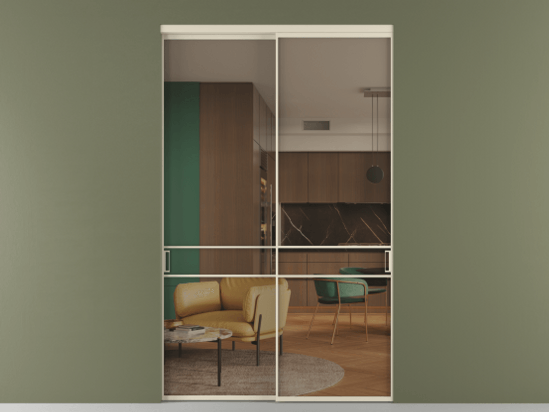 Перегородка Формато внутри проёма 2 створки АЛПР 040.02 Алюминий бежево-серый Прозрачное бронзовое стекло, триплекс Цена 22710 Br  | Volhovec