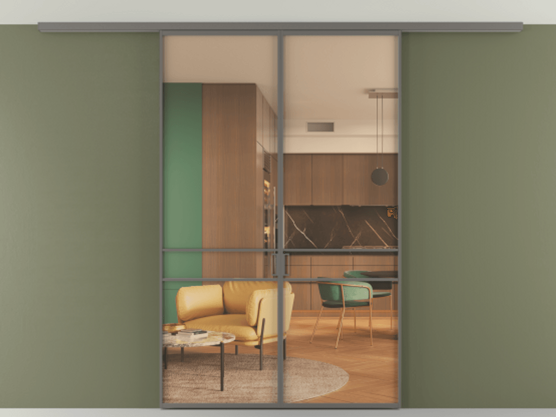 Перегородка Формато вдоль стены на потолок 2 створки АЛПР 040.02 Алюминий классический серый Прозрачное оранжевое стекло, триплекс Цена 10000 Br | Volhovec