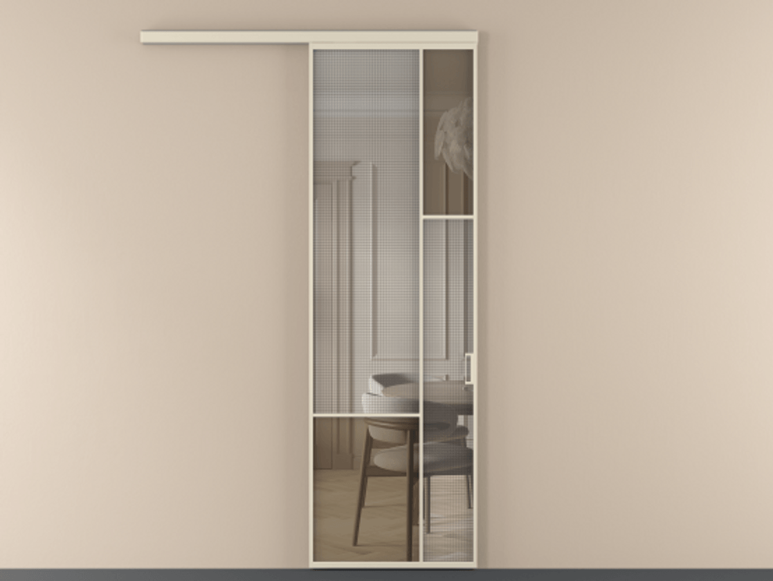 Перегородка Mosaic вдоль стены 1 створка АЛПР 041.12 Алюминий бежево-серый Декоративное стекло с сеткой "Mesh silver", триплекс, 6 мм + Прозрачное бронзовое стекло, триплекс Цена 7650 Br | Volhovec