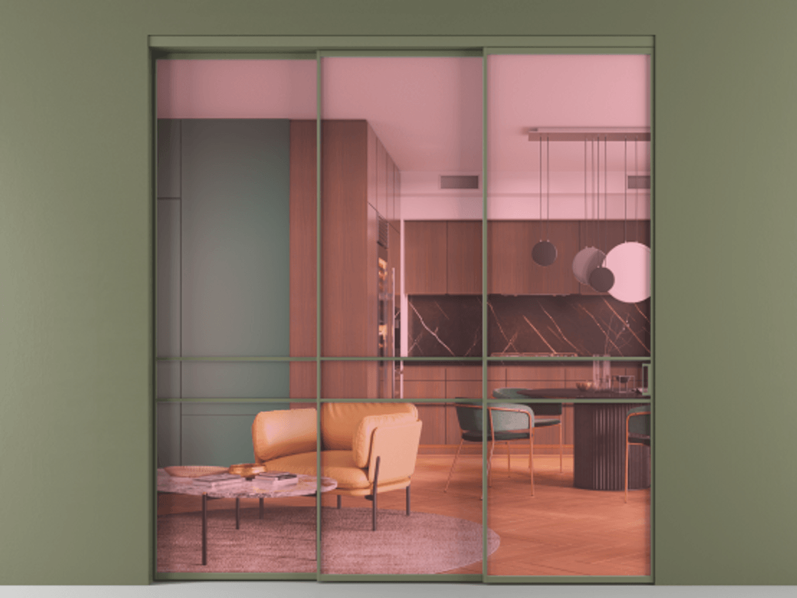 Перегородка Формато внутри проёма 3 створки с синхронным механизмом АЛПР 040.02 Алюминий оливковый тёмный Прозрачное розовое стекло, триплекс Цена 18400 Br  | Volhovec