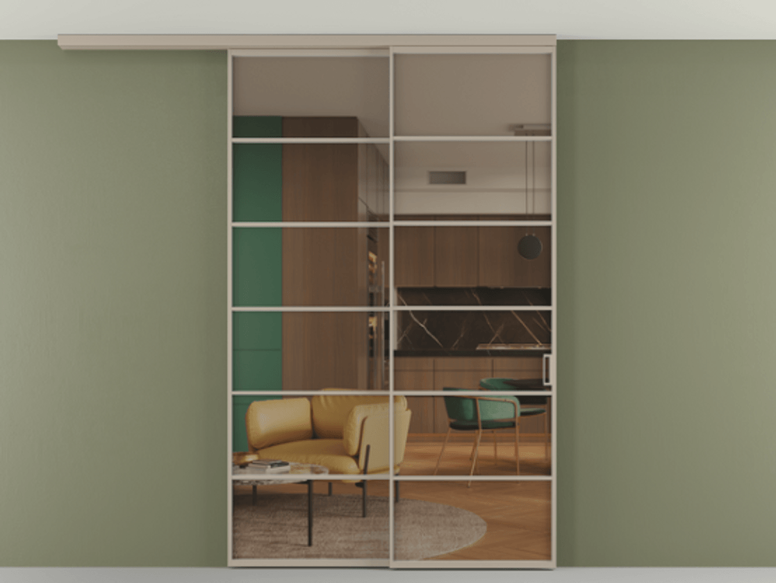 Перегородка Формато вдоль стены на потолок 2 створки с синхронным механизмом АЛПР 040.04 Алюминий бисквитный Прозрачное бронзовое стекло, триплекс Цена 16230 Br | Volhovec