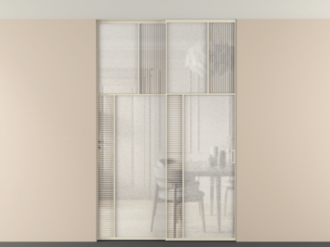 Перегородка Мозаик внутри проёма скрытое крепление в потолок 2 створки АЛПР 041.22 Алюминий бежево-серый Рифлёное стекло "Дюна", триплекс, 6 мм + Фактурное стекло "Лёд", триплекс Цена 18210 Br | Volhovec