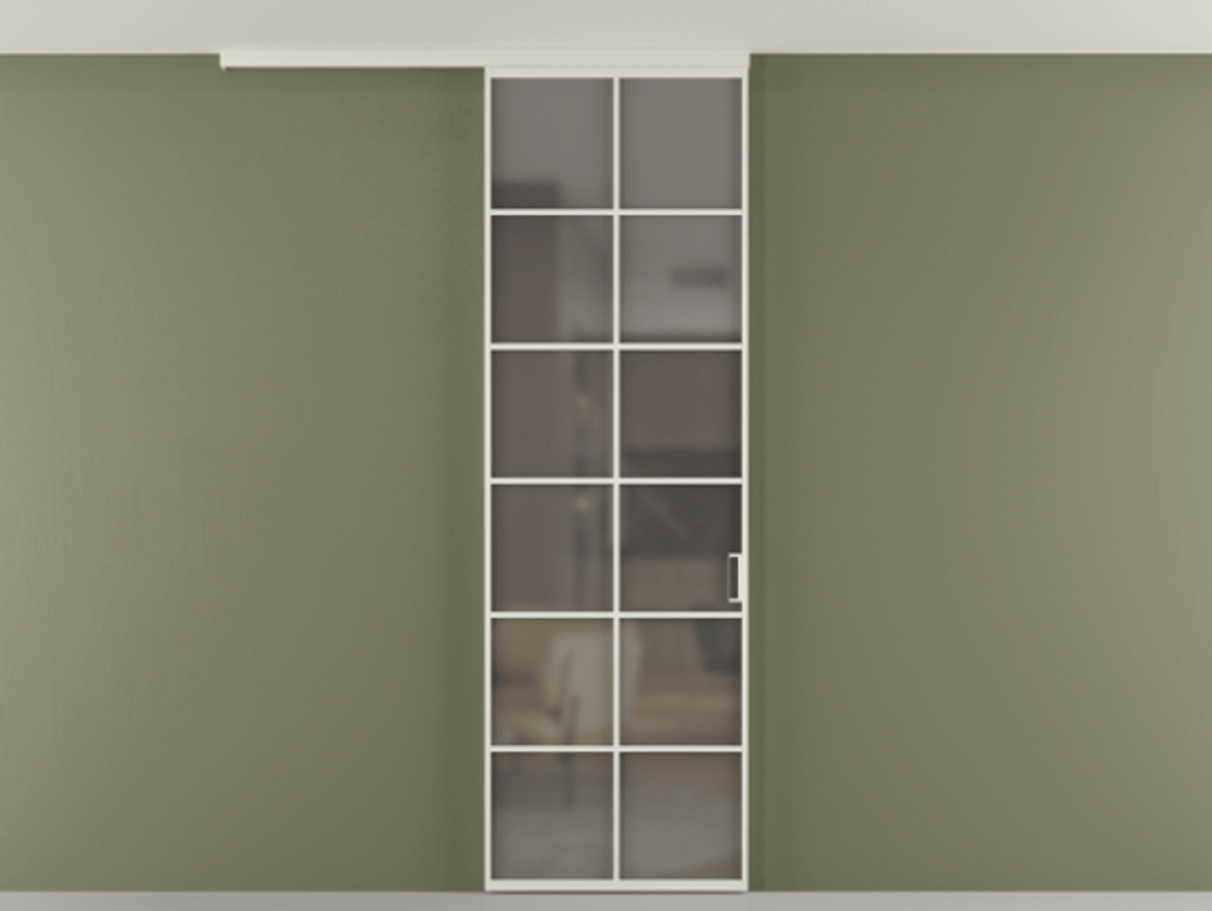 Перегородка Формато вдоль стены на потолок 1 створка АЛПР 040.05 Алюминий Белый Сатинированное серое стекло, триплекс Цена 5310 Br | Volhovec