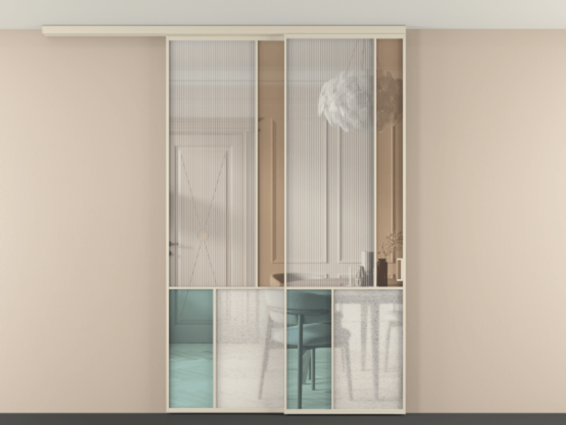 Перегородка Mosaic вдоль стены на потолок телескопик синхро 2 АЛПР 041.21 Алюминий бежево-серый Комбинация стекол Группы 1 и Группы 3 Цена 17500 Br | Volhovec