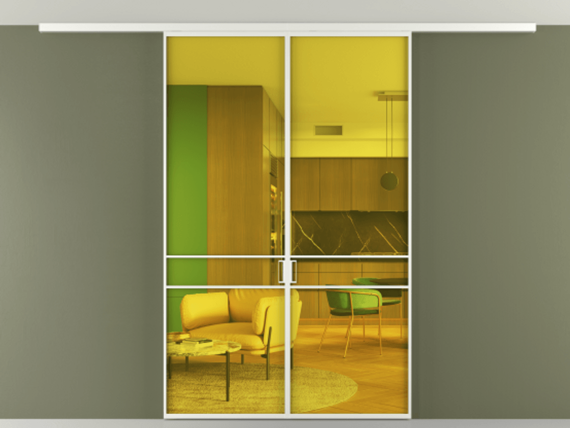 Перегородка Formato вдоль стены на потолок 2 створки АЛПР 040.02 Алюминий светло-серый Прозрачное жёлтое стекло, триплекс Цена 10400 Br | Volhovec