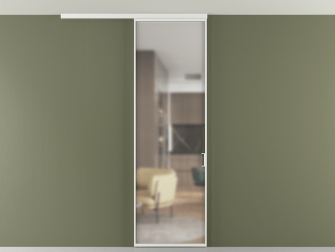 Перегородка Формато вдоль стены на потолок 1 створка АЛПР 040.01 Алюминий белоснежный Сатинированное стекло "Мателюкс Кристал Вижн", калёное, матовое, каленое 6 мм Цена 6390 Br | Volhovec