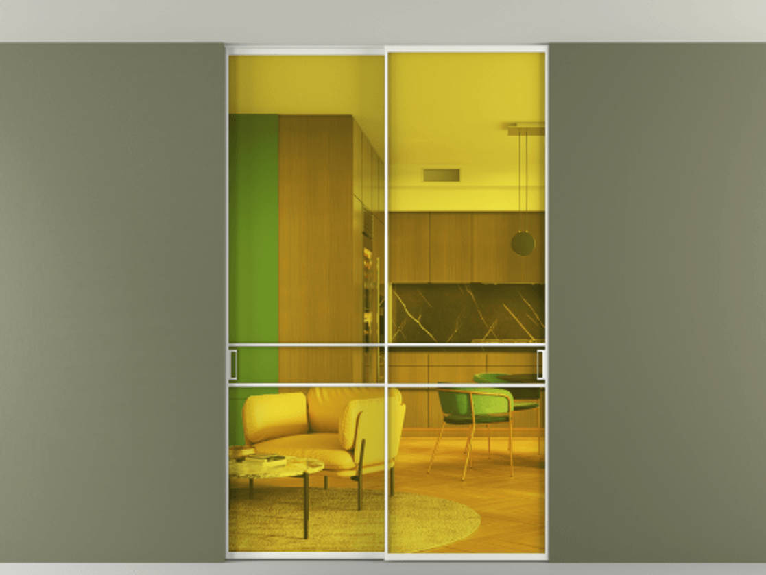 Перегородка Formato внутри проёма скрытое крепление в потолок 2 створки АЛПР 040.02 Алюминий светло-серый Прозрачное жёлтое стекло, триплекс Цена 13700 Br | Volhovec