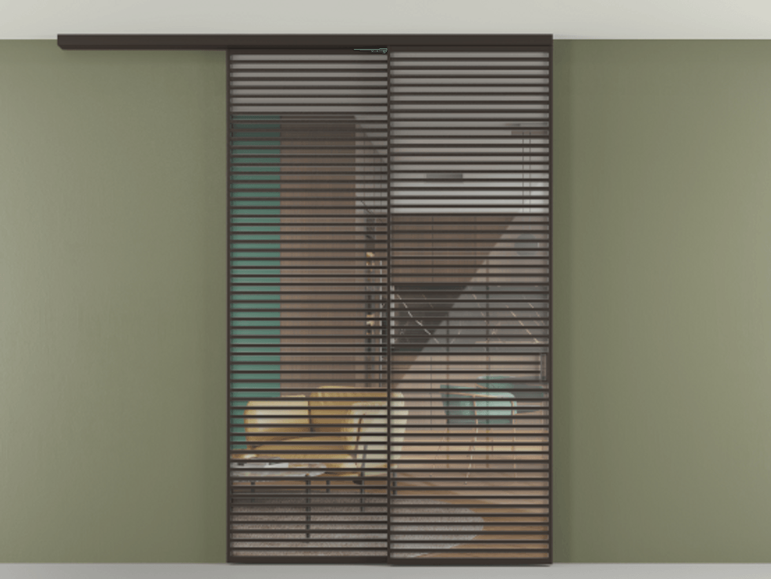 Перегородка Formato вдоль стены на потолок 2 створки с синхронным механизмом АЛПР 040.07 Алюминий антрацит Рефлективное прозрачное стекло "Стопсол", калёное Цена 29010 Br | Volhovec