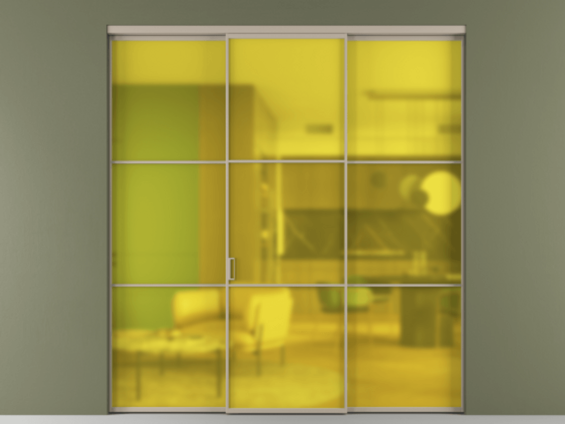 Перегородка Formato внутри проёма 3 створки АЛПР 040.03 Алюминий бисквитный Сатинированное жёлтое стекло, триплекс Цена 12700 Br | Volhovec