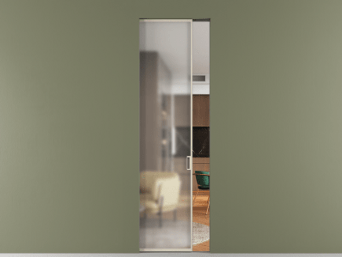 Перегородка Formato скрытый пенал 1 створка АЛПР 040.01 Алюминий бежево-серый Сатинированное стекло "Matelux Crystal Vision", калёное, матовое, каленое 6 мм Цена 9250 Br | Volhovec