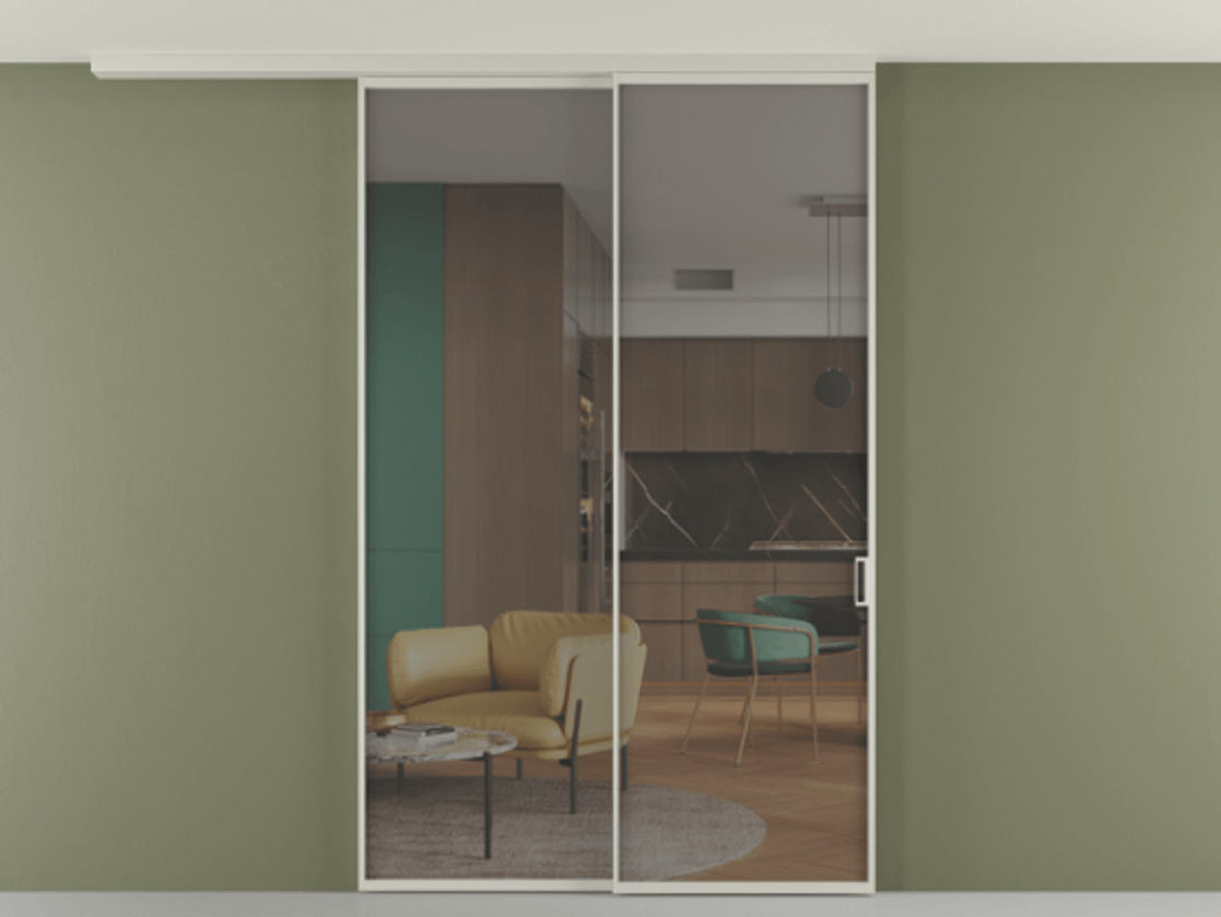 Перегородка Формато вдоль стены на потолок 2 створки с синхронным механизмом АЛПР 040.01 Алюминий тёплый серый Прозрачное серое стекло, триплекс Цена 15990 Br | Volhovec