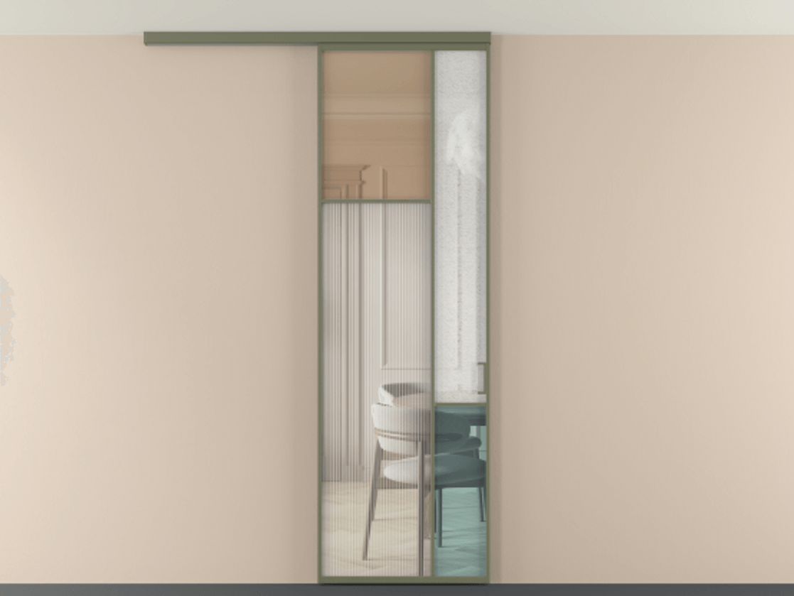 Перегородка Мозаик вдоль стены на потолок 1 створка АЛПР 041.10 Алюминий оливковый тёмный Комбинация стекол Группы 1 и Группы 3 Цена 7500 Br | Volhovec