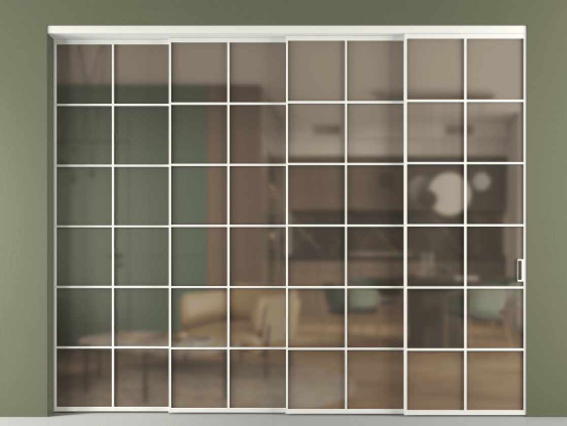 Перегородка Формато внутри проёма 4 створки с синхронным механизмом АЛПР 040.05 Алюминий светло-серый Сатинированное бронзовое стекло, триплекс. Цена 26130 Br 1. Полотно 4 шт. (800/2100 мм)
2. Комплект установки раздвижной системы
3. Базовый комплект фурнитуры
4. Комплект фурнитуры телескопик синхро-3
5. Ручка Рондо. Фабрика дверей Волховец 8 (800) 551 43 19 Перегородка Формато внутри проёма 4 створки с синхронным механизмом АЛПР 040.05 Алюминий светло-серый Сатинированное бронзовое стекло, триплекс Цена 26130 Br | Volhovec