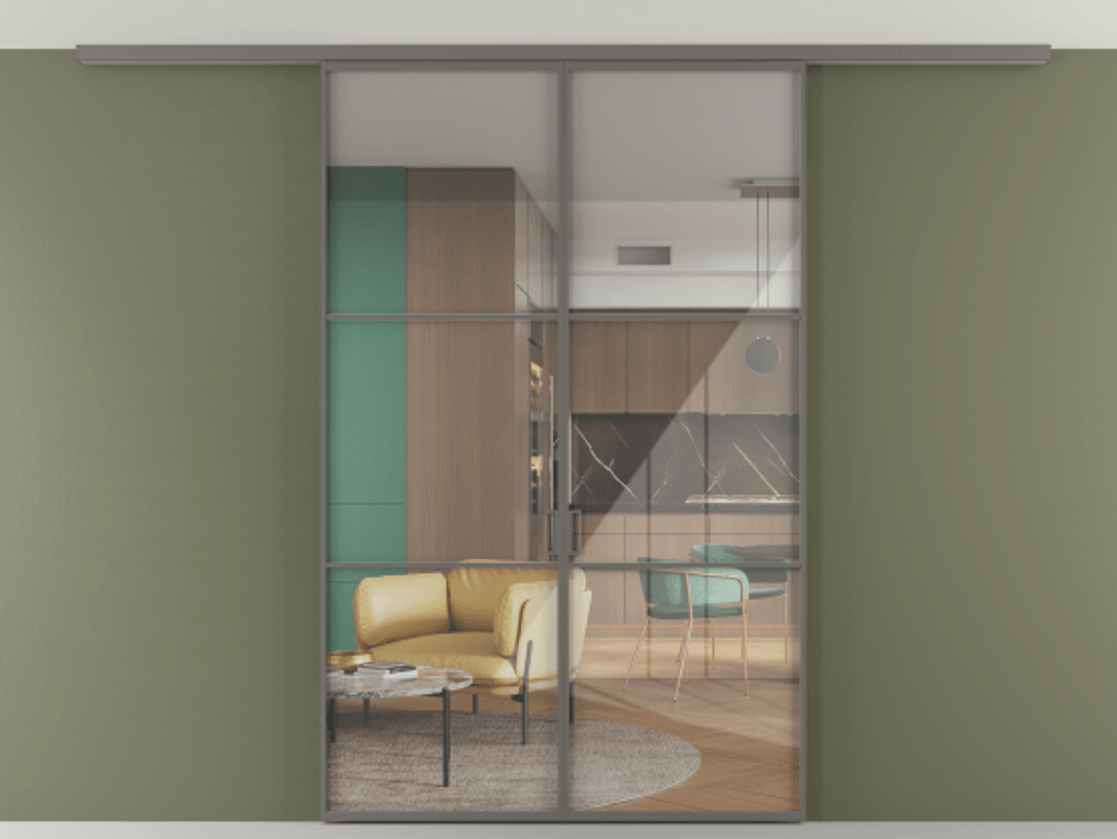 Перегородка Формато вдоль стены на потолок 2 створки АЛПР 040.03 Алюминий классический серый Рефлективное прозрачное стекло "Стопсол", калёное Цена 13040 Br | Volhovec