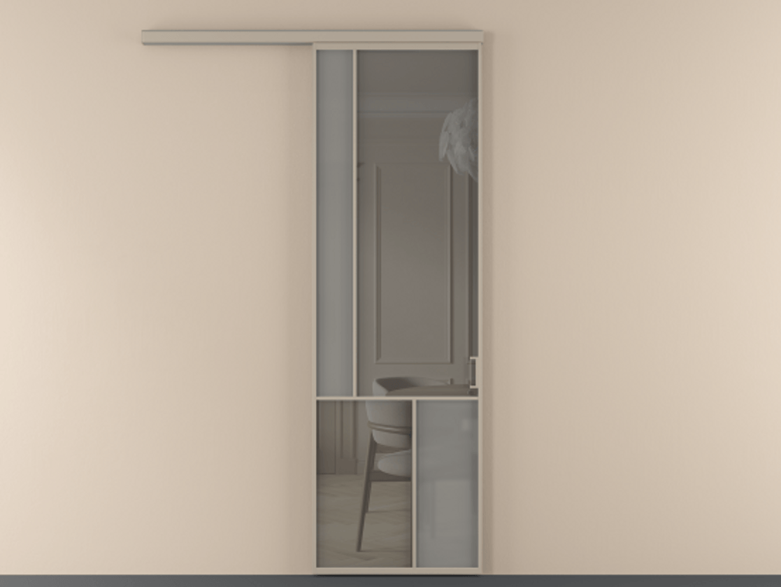 Перегородка Mosaic вдоль стены 1 створка АЛПР 041.20 Алюминий бисквитный Сатинированное серое стекло, триплекс, 6 мм + Прозрачное серое стекло, триплекс Цена 7330 Br | Volhovec