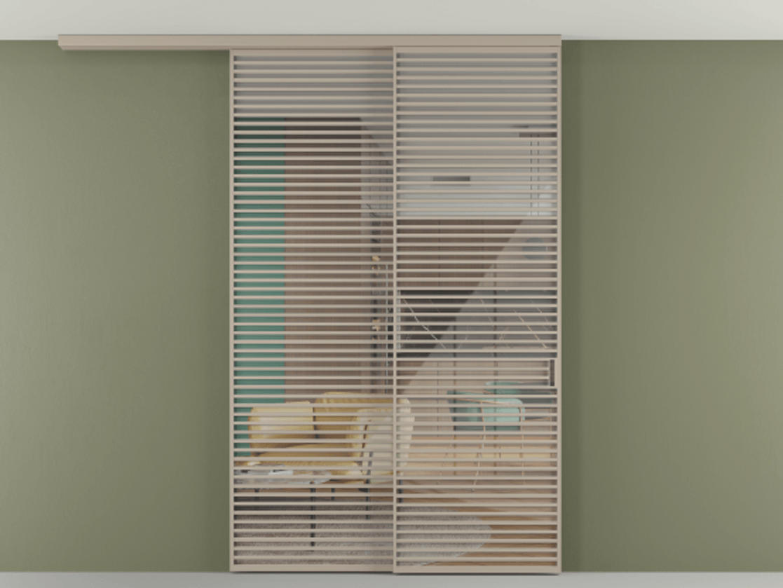 Перегородка Формато вдоль стены на потолок 2 створки с синхронным механизмом АЛПР 040.07 Алюминий бисквитный Рефлективное прозрачное стекло "Стопсол", калёное Цена 29010 Br | Volhovec