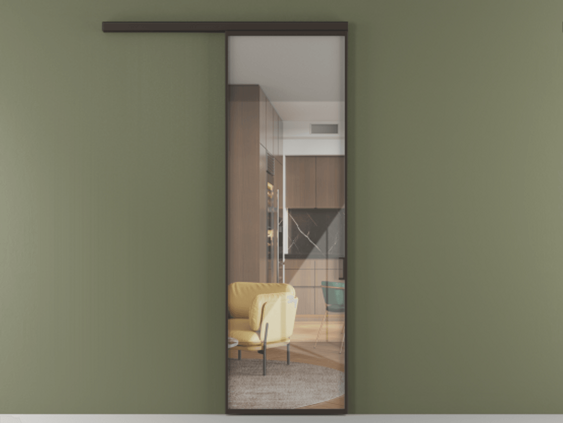 Перегородка Формато вдоль стены 1 створка АЛПР 040.01 Алюминий антрацит Рефлективное прозрачное стекло "Стопсол", калёное Цена 5780 Br  | Volhovec