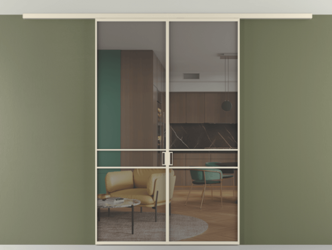 Перегородка Формато вдоль стены на потолок 2 створки АЛПР 040.02 Алюминий бежево-серый Прозрачное серое стекло, триплекс Цена 12190 Br | Volhovec