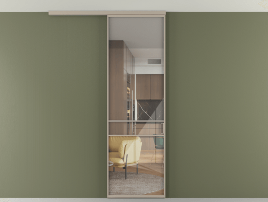 Перегородка Формато вдоль стены на потолок 1 створка АЛПР 040.02 Алюминий бисквитный Рефлективное прозрачное стекло "Стопсол", калёное Цена 6711 Br | Volhovec