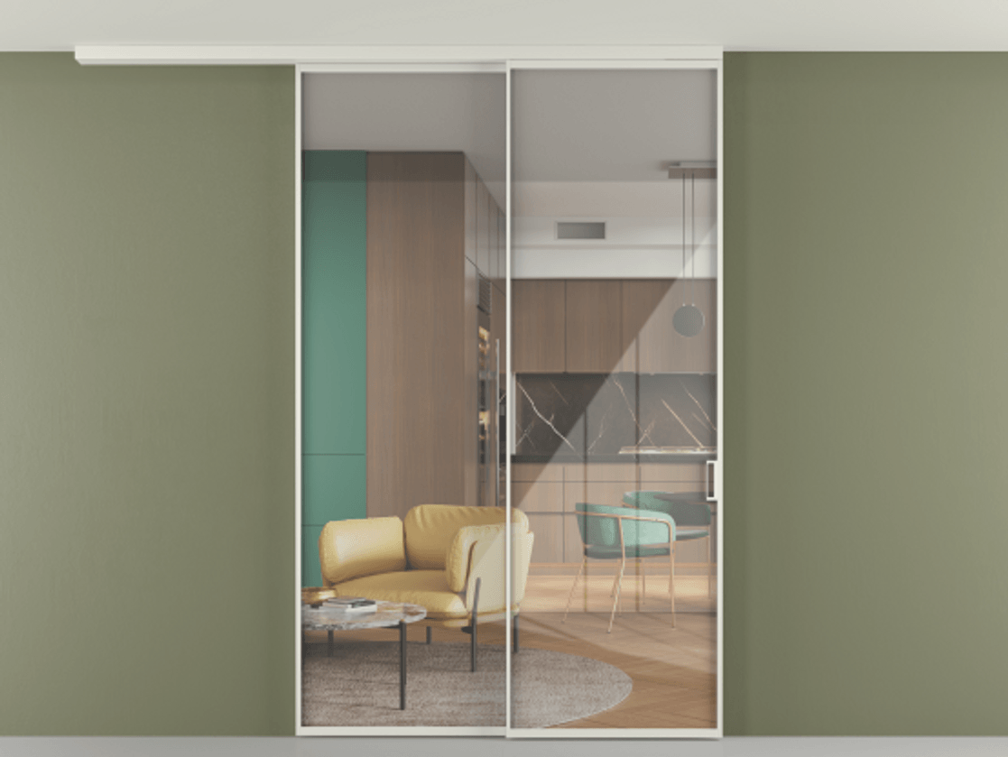 Перегородка Формато вдоль стены на потолок 2 створки с синхронным механизмом АЛПР 040.01 Алюминий серый Рефлективное прозрачное стекло "Стопсол", калёное Цена 16850 Br | Volhovec